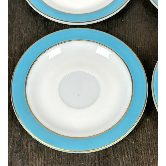 4 Vintage Pyrex Saucers Plates Turquoise Blue Band Milk Glass W/ Gold Trim 6" - Picture 5 of 8